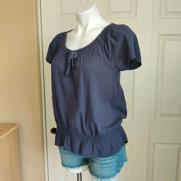 Mossimo navy tie front peasant top with elastic waist sz L - Picture 4 of 8